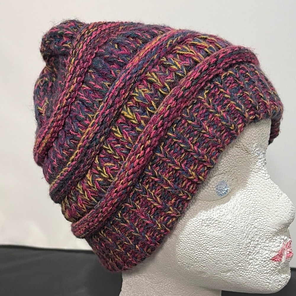 Marled Knit Beanie Slouchy Ribbed Winter Hat Magenta Navy Yellow FG174104